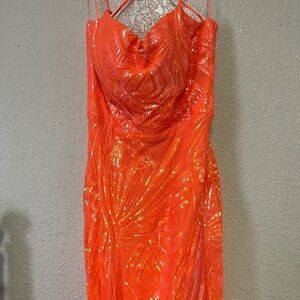 Sequin Embellished Orange Spaghetti Strap Prom Dress size 15